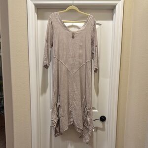 Beige Women's Dress. No size label, but wife is a Medium and fits her.